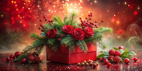 Surreal Christmas Arrangement: Red Box, Fir, Holly, Roses