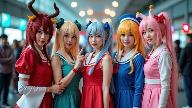 Five young Asian women dressed in vibrant anime cosplay costumes pose for a photo. Their colorful outfits and playful expressions create a cheerful and energetic atmosphere.