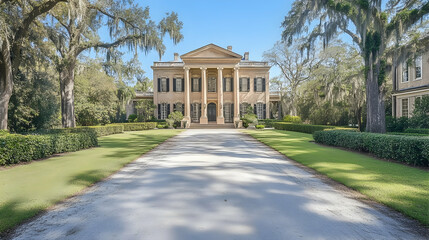 Grand Georgian mansion in Savannah Georgia with symmetrical columns and sprawling oak-lined driveway