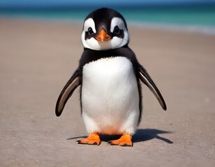 Naklejka premium Cute funny cartoon Gentoo penguin in polar region on the beach iceberg and sunlight