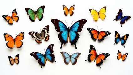 A vibrant collection of butterflies with diverse wing patterns and colors, arranged on a white background.