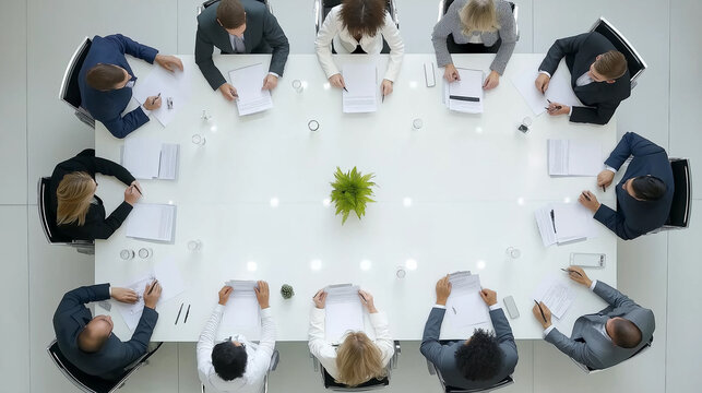 Overhead top view of a business panel collaborating during an office meeting, gathered around a large table to discuss strategies and ideas