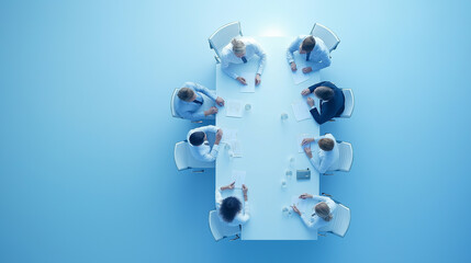 Overhead top view of a business panel collaborating during an office meeting, gathered around a large table to discuss strategies and ideas