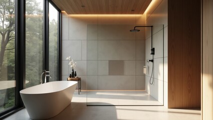Modern bathroom with a freestanding bathtub and a large shower, featuring neutral color palettes and natural light streaming in from a large window.