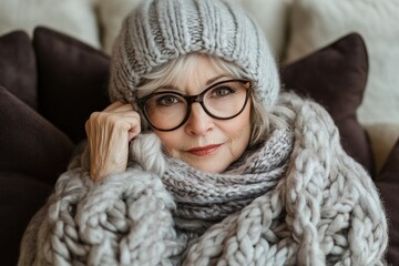 A cozy elderly woman wrapped in a thick knitted scarf and hat, sitting comfortably on a couch. She has glasses and a warm smile, exuding a sense of comfort and warmth. 