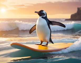 Fototapeta premium funny cartoon penguin on the beach playing in the sea water blue sky sunlight cool weather
