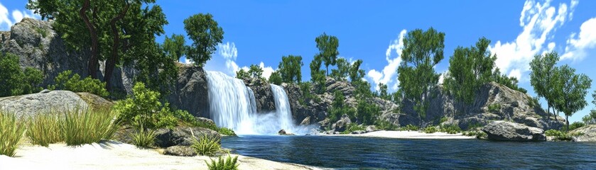 Fototapeta premium A serene landscape featuring a waterfall, lush greenery, and a tranquil river.