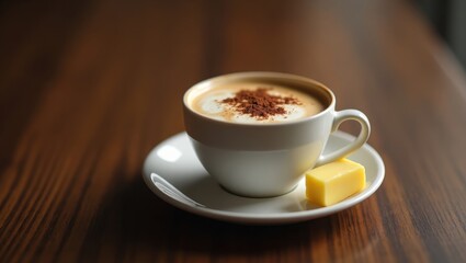 Fototapeta premium A cup of cappuccino topped with cocoa powder sits on a saucer next to a small square of butter. The warm colors and soft lighting create a cozy mood.