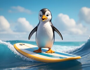 funny cartoon penguin on the beach playing in the sea water blue sky sunlight cool weather