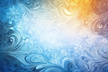 Frost patterns created by winter weather on glass showcasing intricate designs in soft blue and yellow hues. Generative AI