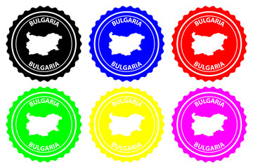 Bulgaria - rubber stamp - vector, Bulgaria map pattern - sticker - black, blue, green, yellow, purple and red