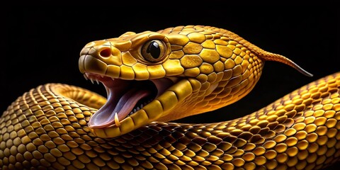 Fototapeta premium Surreal Golden Snake with Forked Tongue, Open Mouth - Mystical Reptile Stock Photo