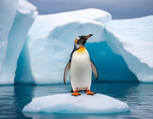 cute funny emperor penguin playing in polar regions snow fall & iceberg in winter season