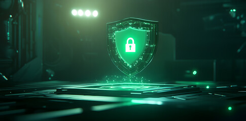 Metallic Shield with Glowing Green Lock Icon on Dark Background