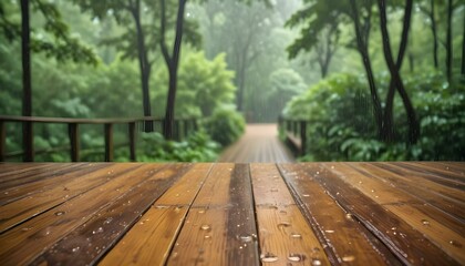 Fototapeta premium Wooden deck with raindrops, surrounded by a lush green forest with blurred trees in the background