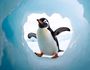 Obraz premium cute funny emperor penguin playing in polar regions snow fall & iceberg in winter season