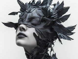 Unique and artistic portrayal of a woman’s face and head enveloped in black feathers, blending creativity and mystery in a striking visual