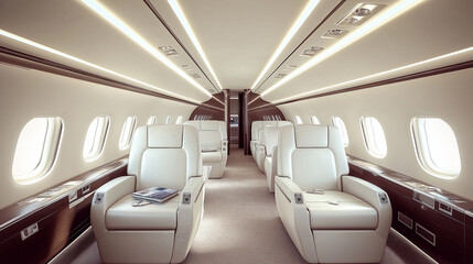 Obraz premium Stunning view of the interior of a modern passenger plane, showcasing high class luxury and comfort in an elegant airplane cabin