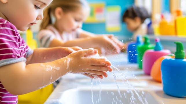 Children Playing and Washing Hands in Classroom Setting