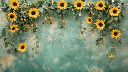 Maternity backdrop, wedding backdrop, photography background with delicate sunflowers and green vintage wall. Generative Ai © Nakron