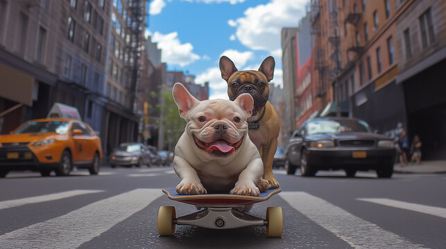 Hilarious comical dogs riding a skateboard through the vibrant streets of New York City spreading joy and laughter