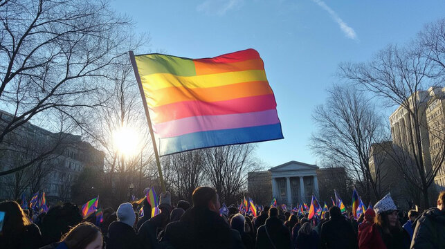 Vibrant scene featuring a big lgbtq flag at a lively protest with happy and joyful people celebrating equality and pride