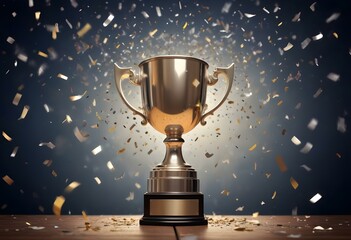 A silver trophy cup on a wooden surface against a bright background with confetti , representing an award or achievement