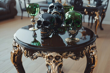 Elegant table setting featuring ornate black table, decorative skulls, and green glass goblets in a contemporary living room ambiance