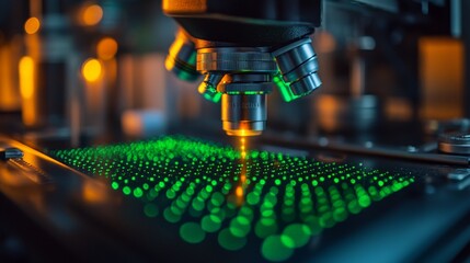Scientific Close-Up of Microscope with Glowing Sample