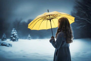 a young woman with long, brown  hair, dressed in a long, holding a vibrant yellow umbrella, snow-covered winter landscape background