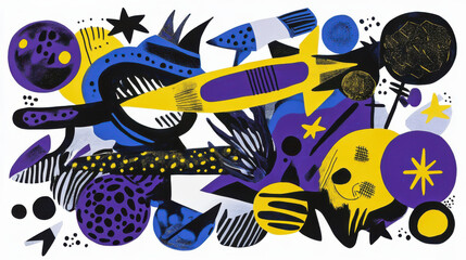 A whimsical graphic collage of cosmic-themed objects, such as planets, comets, rockets, and stars, in bold hues of electric purple, neon yellow, and midnight blue. Clean and sharp details with a white