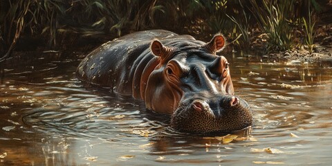 Fototapeta premium Hippopotamus enjoying a refreshing bath in a serene waterhole, showcasing the playful nature of the hippopotamus as it cools off in the tranquil surroundings of the waterhole.