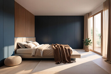 Modern bedroom interior, minimalist, dark matte blue