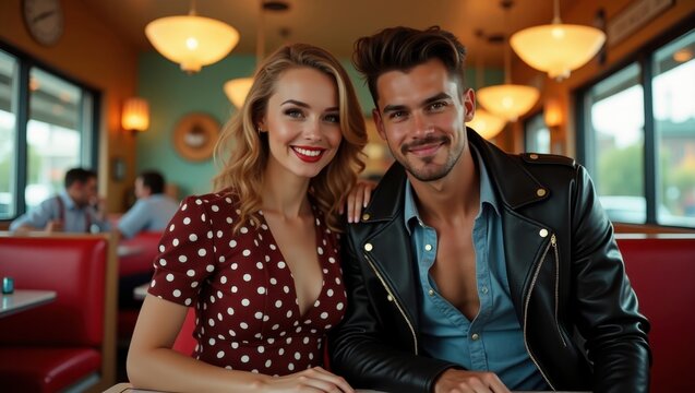 A young Caucasian couple sits close together in a retro diner, smiling warmly at the camera. She's in a polka dot dress; he's in a leather jacket. - Powered by Adobe