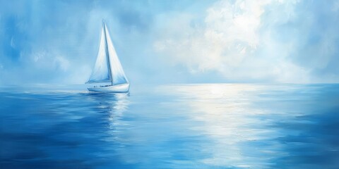 Obraz premium A lively painting of a seascape showcases a small sailboat gently floating in the serene blue waters, creating a captivating maritime atmosphere.
