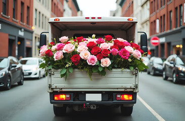 Truck with flowers on the city street. Flower  delivery.