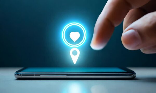 A close-up of a hand reaching towards a smartphone screen displaying a glowing heart and location pin icon, symbolizing love and connection through technology.