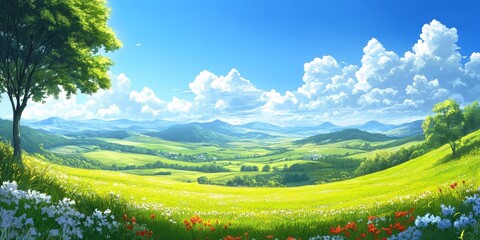 Obraz premium Travel through vibrant green fields under a clear, sunny blue sky, enjoying the beauty of nature as you embark on this picturesque journey through lush landscapes.