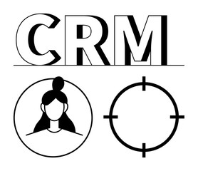 CRM text above female user profile and target scope icons. Ideal for customer relationship management, user profiling, targeted marketing, personalization, business analytics, service industry. Line