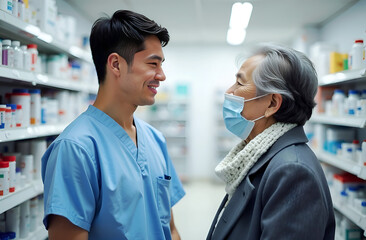 Young smiling Asian male pharmacist in medical clothes stands with elderly customer near medicine shelves.