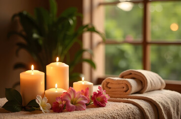 Luxurious spa background with candles, rolled towels and flowers. Large window and potted plant in the background, mocha mousse walls.