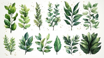 Obraz premium Watercolor Botanical Elements with Gold Accents. Generative AI