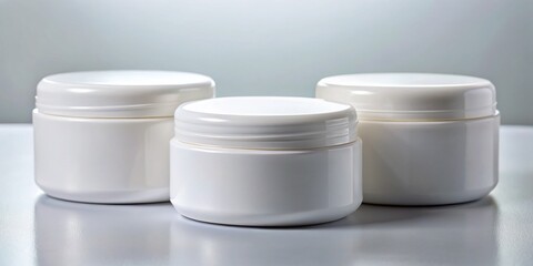 Three White Round Cosmetic Jars Macro Photography Mockup Template - Product Packaging Design