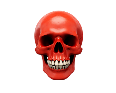 a red skull with teeth