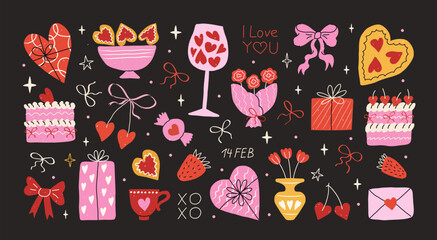Valentine's day hand drawn sticker elements set. Trendy vintage doodle illustration. Design concept for 14 February. Pizza in heart, gifts, bows, hearts, sweet cakes, cherry, flowers, strawberry.