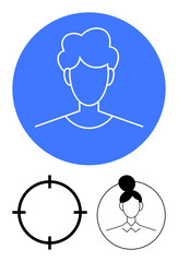 User profile icon in blue circle, target symbol, and female avatar in black-and-white circle. Ideal for social media, user interfaces, apps, targeting, personalization avatars identification. Line