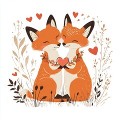 Naklejka premium Cute Animated Foxes Embracing with Heart in Floral Design