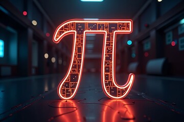 A glowing Pi symbol with intricate digital patterns, illuminated in neon red, set in a futuristic dim-lit corridor, creating a sleek and high-tech atmosphere with cinematic lighting and bokeh effects