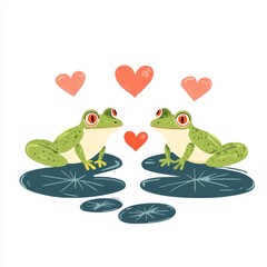 Fototapeta premium Cute Frogs Sitting on Lily Pads with Hearts in a Playful Scene