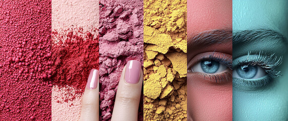 A vibrant and artistic image showcasing makeup textures, bold colors, and delicate details. Ideal for themes of beauty, cosmetics, sustainability, and modern aesthetics. Eyes and Beauty. 